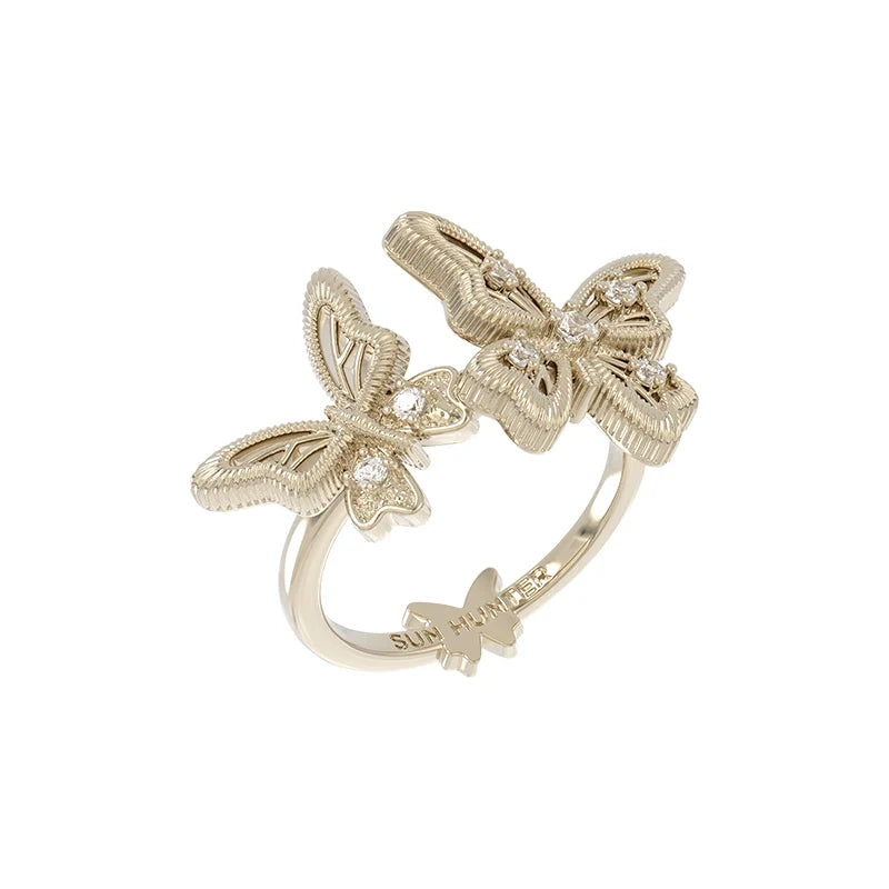 SUN HUNTER French retro butterfly ring with two decorative butterfly motifs adorned with crystals