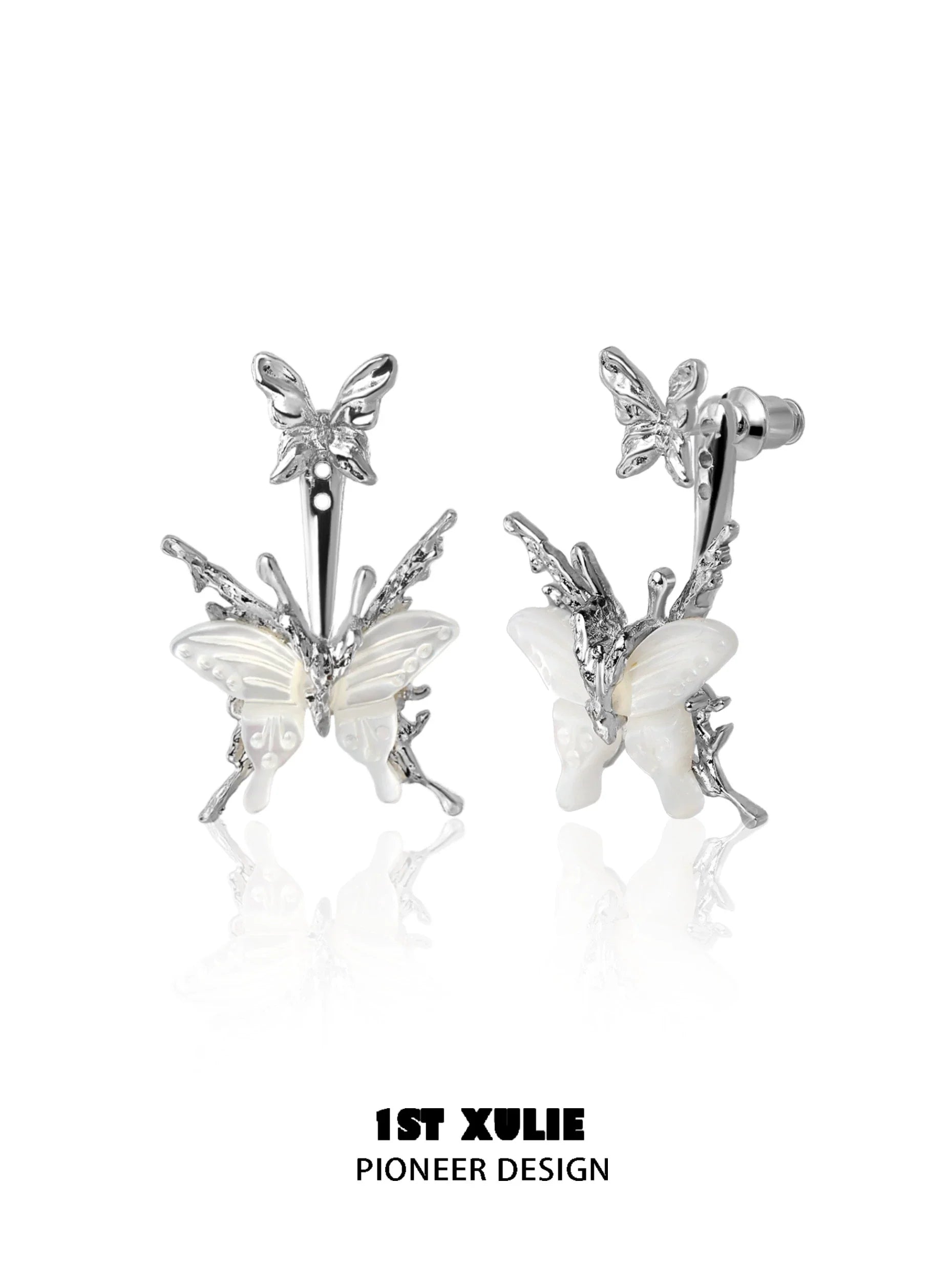 Futuristic butterfly earrings with silver detailing and intricate designs for a unique look