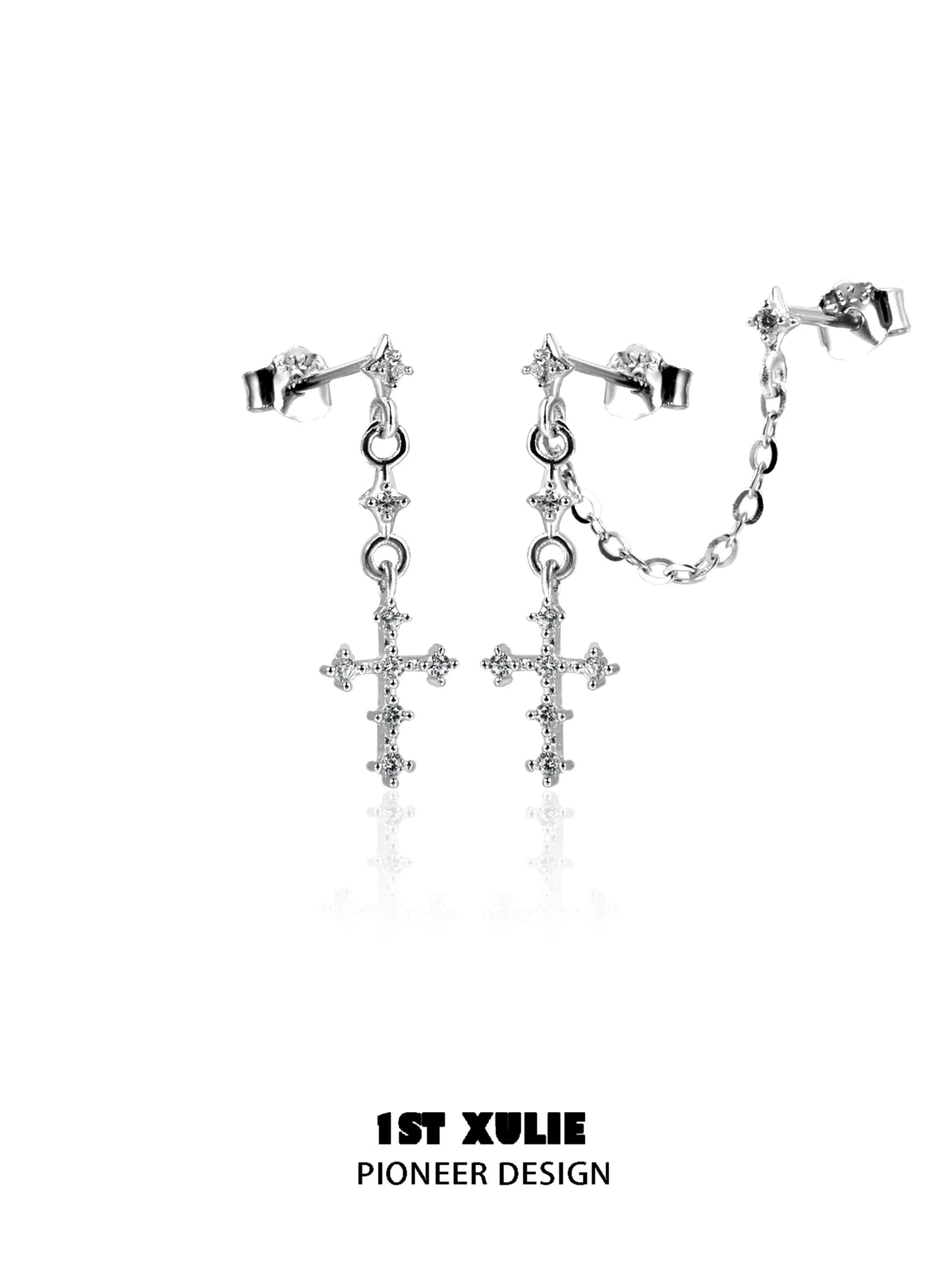 1ST XULIE futuristic cross chain earrings with sparkling embellishments for a trendy look
