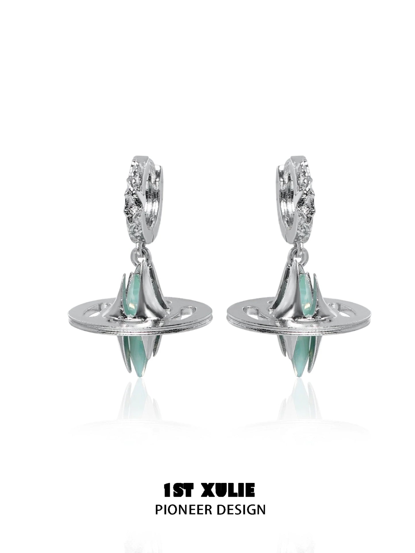 Futuristic dream core earrings in silver with mint green accents and unique design for modern fashion enthusiasts