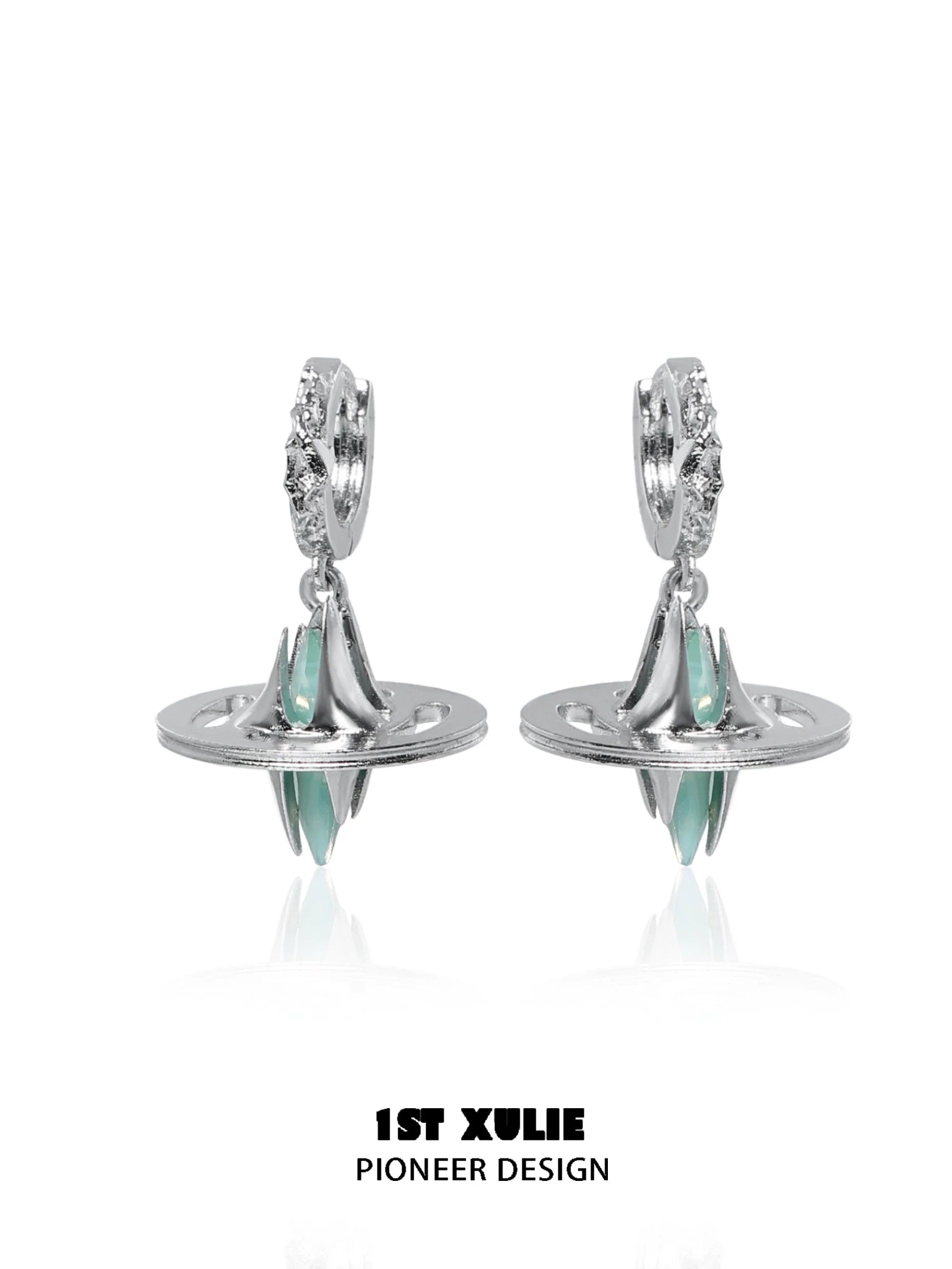 Futuristic dream core earrings in silver with mint green accents and unique design for modern fashion enthusiasts