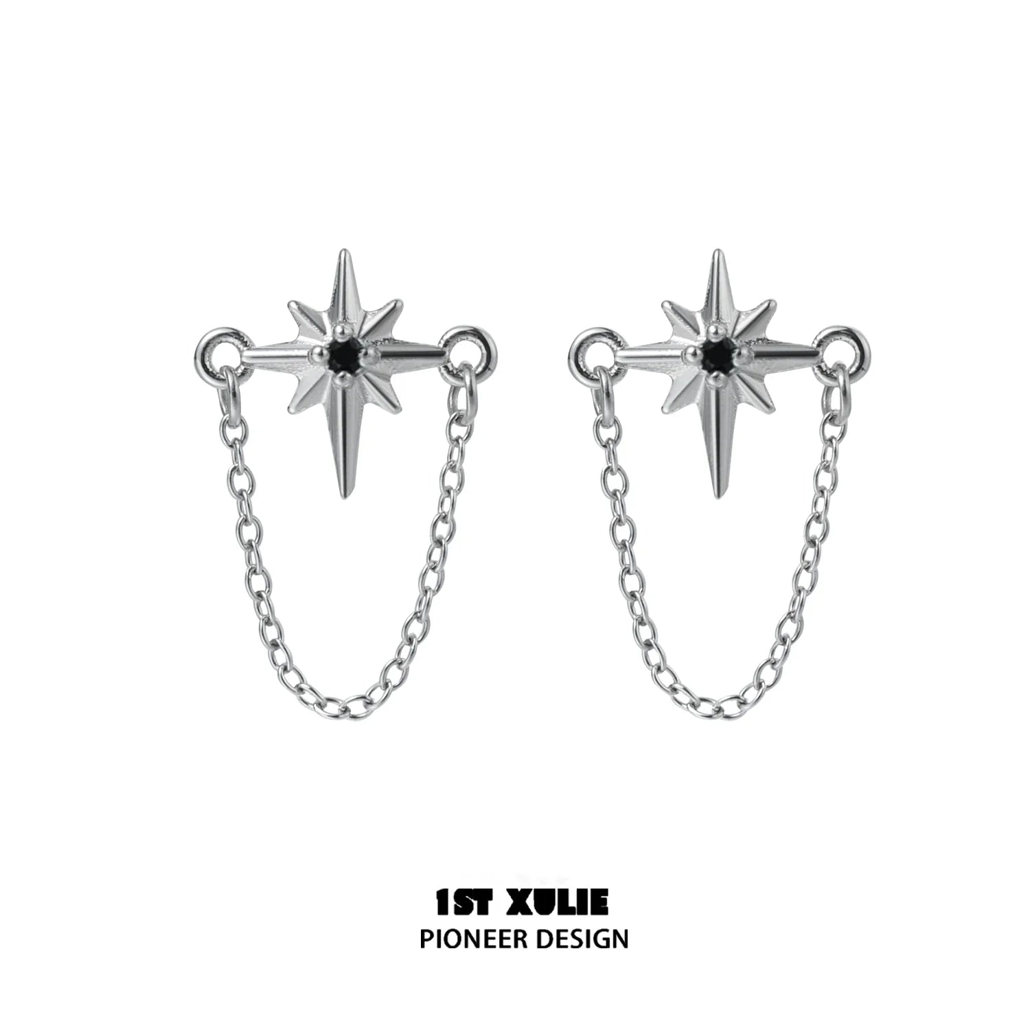 Futuristic star chain earrings in silver with striking star design and connecting chain