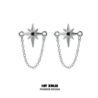 Futuristic star chain earrings in silver with striking star design and connecting chain