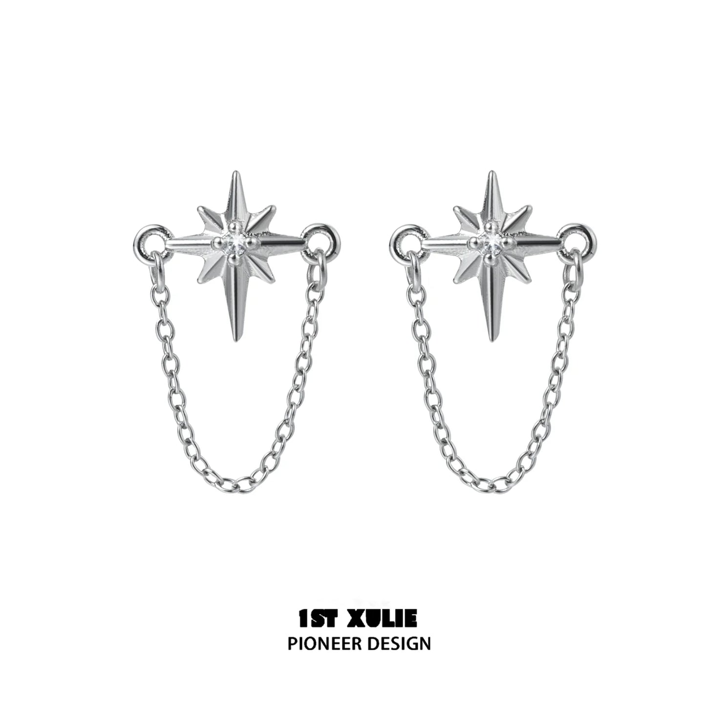 Futuristic star chain earrings with a silver finish and delicate chain design
