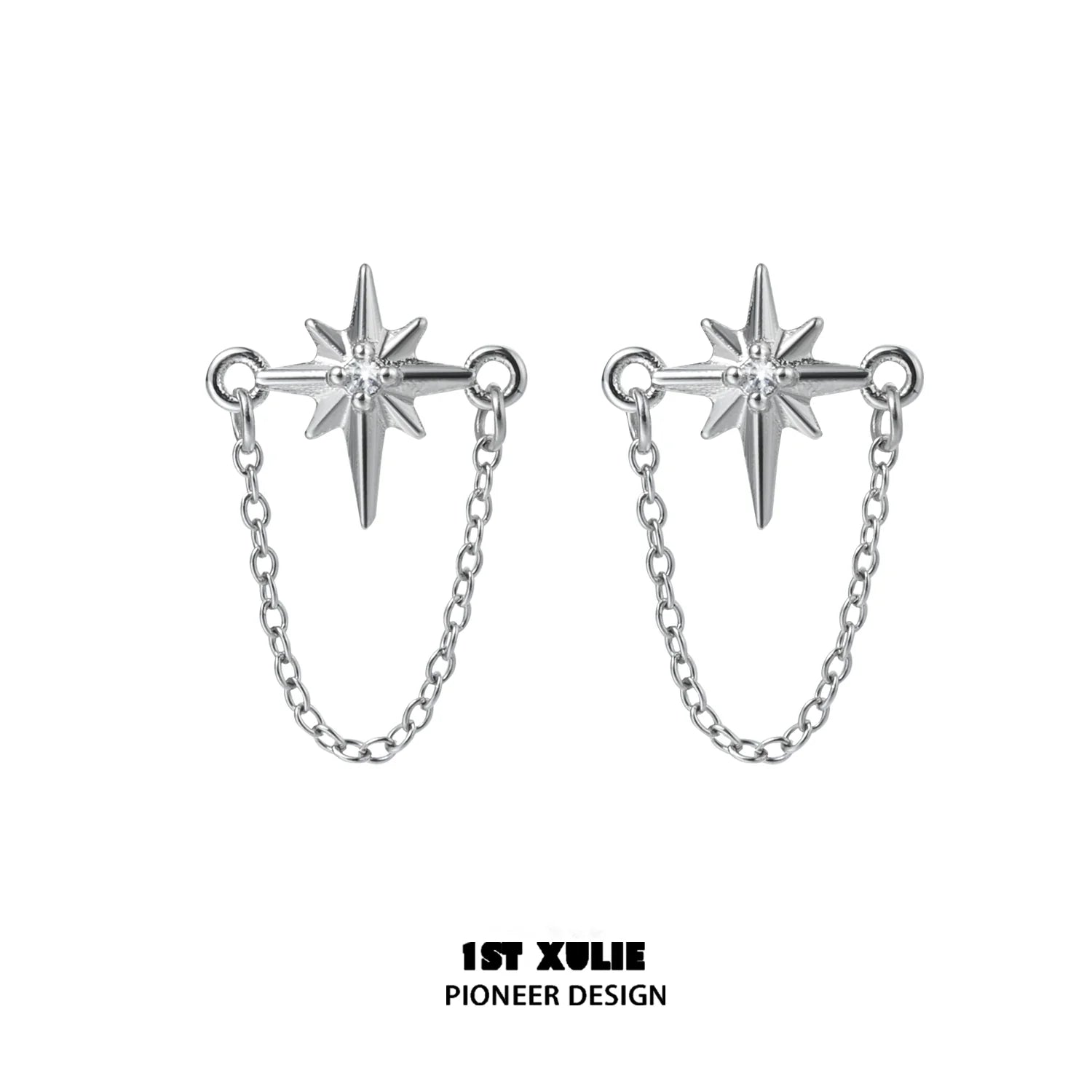 Futuristic star chain earrings with a silver finish and delicate chain design