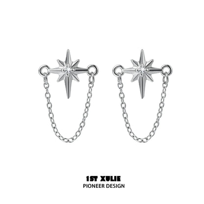 Futuristic star chain earrings with a silver finish and delicate chain design