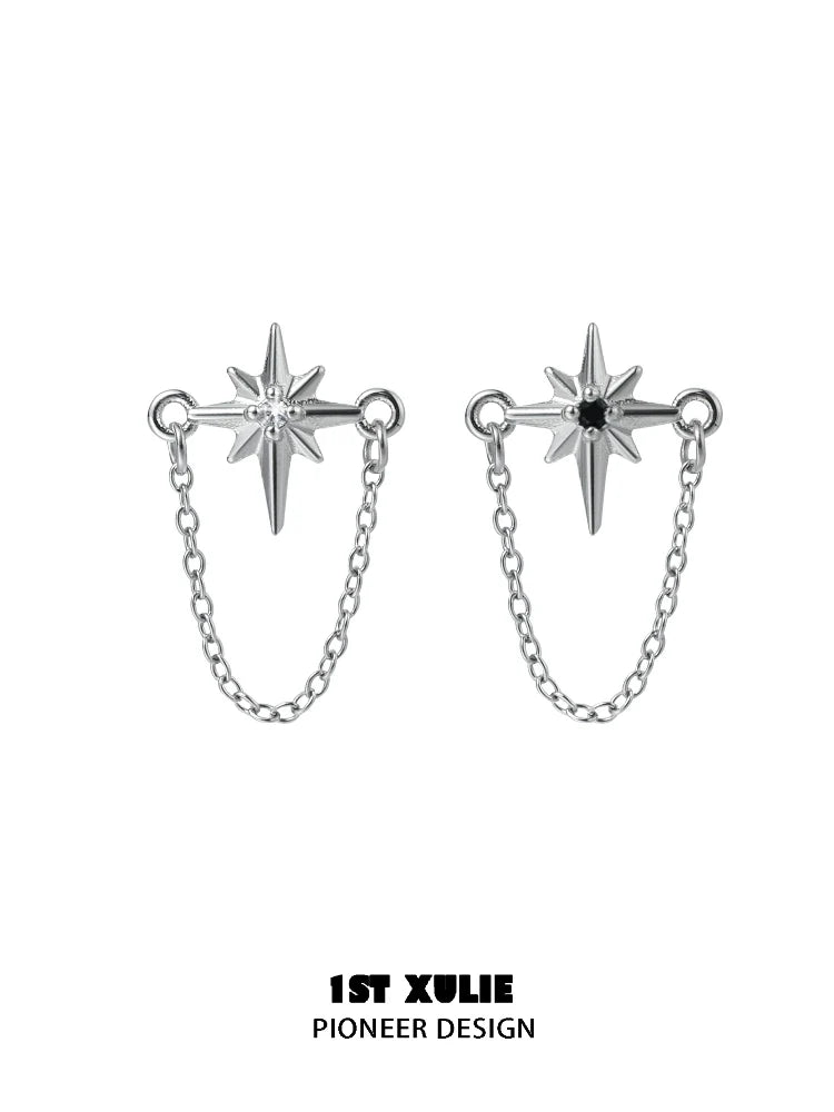 Futuristic star chain earrings with silver star details and connecting chains for a unique look