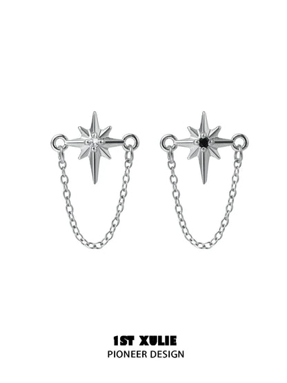 Futuristic star chain earrings with silver star details and connecting chains for a unique look