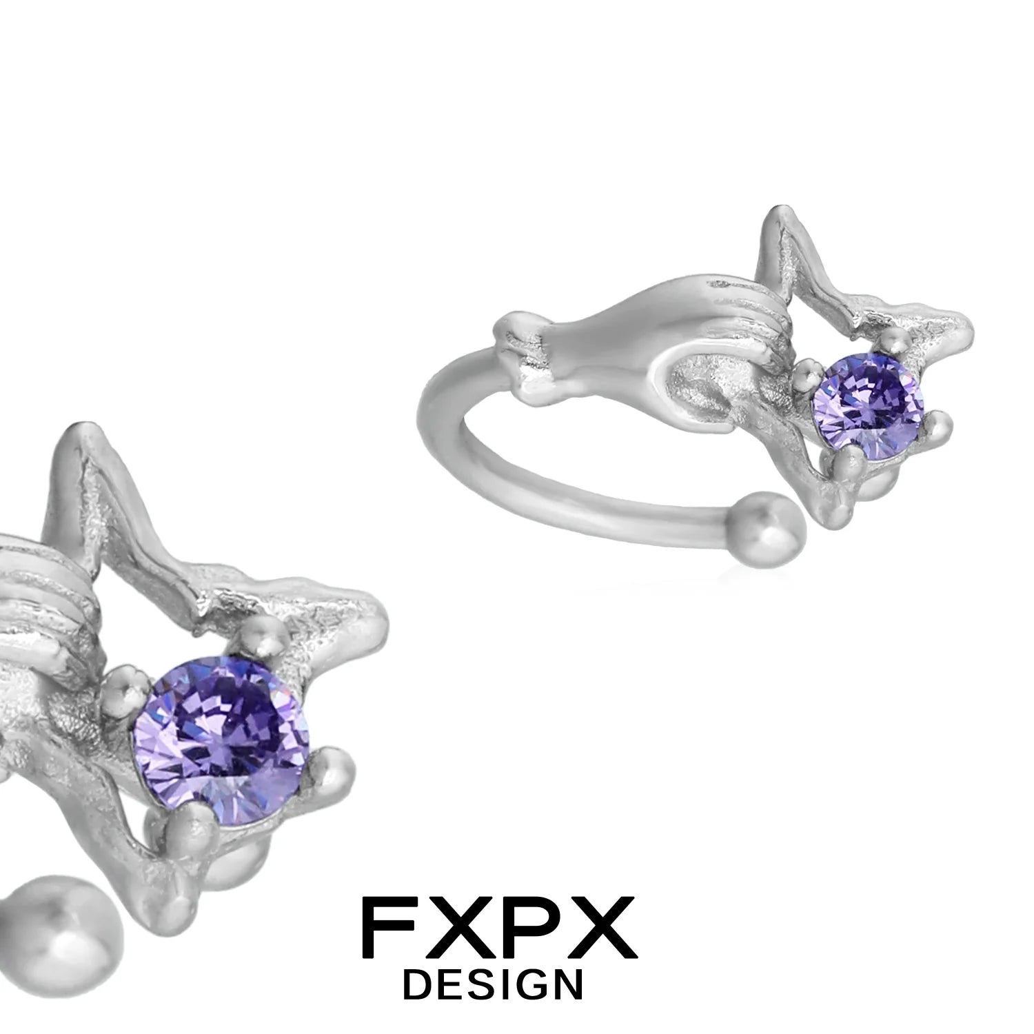 Silver FXPX amethyst hand ear cuff featuring a beautiful purple gemstone for a stylish look