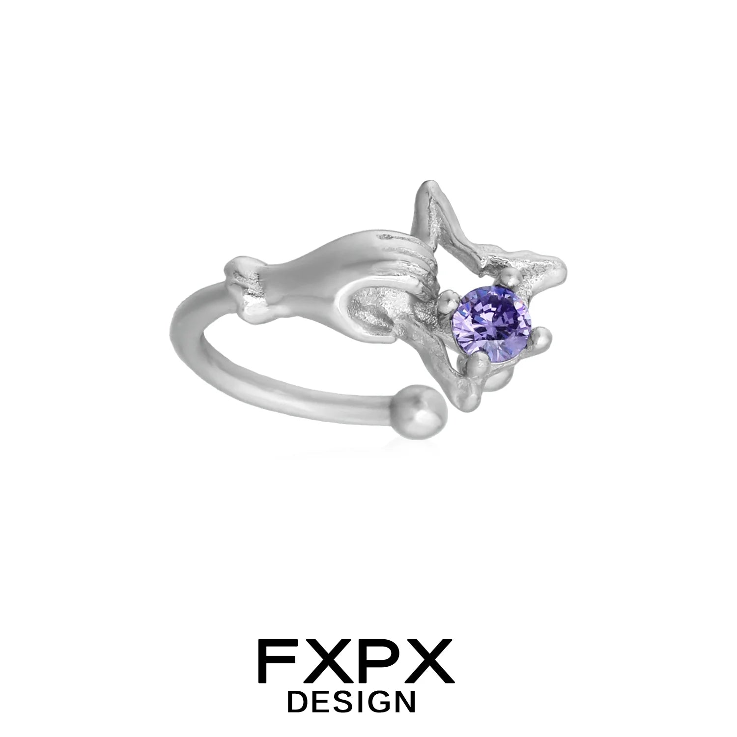 FXPX Amethyst Hand Ear Cuff in Silver with a Stunning Purple Gemstone Accent