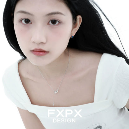 Elegant angel hand amethyst necklace displayed on a model with long black hair