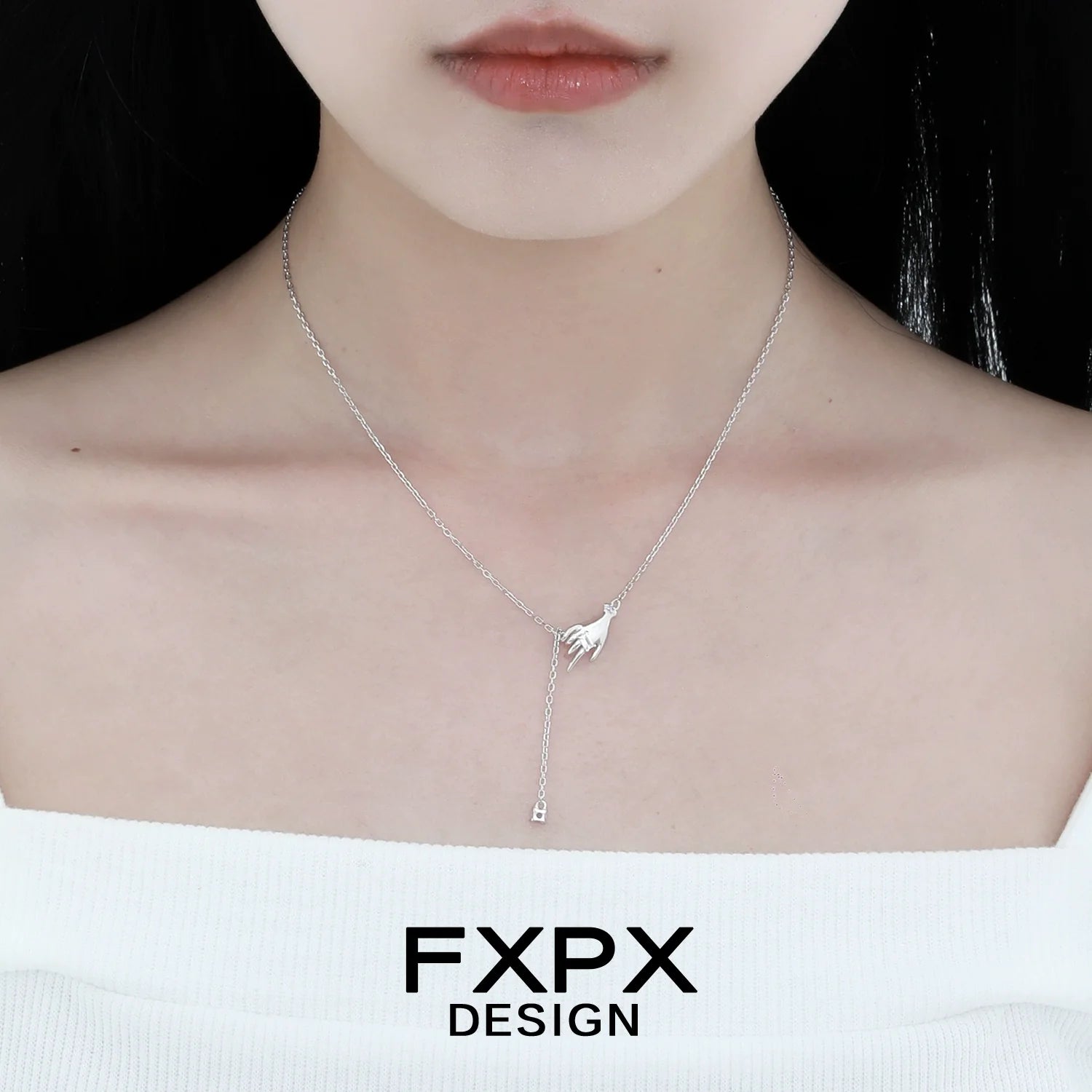 FXPX angel hand amethyst necklace featured on a model, showcasing its elegant design and craftsmanship