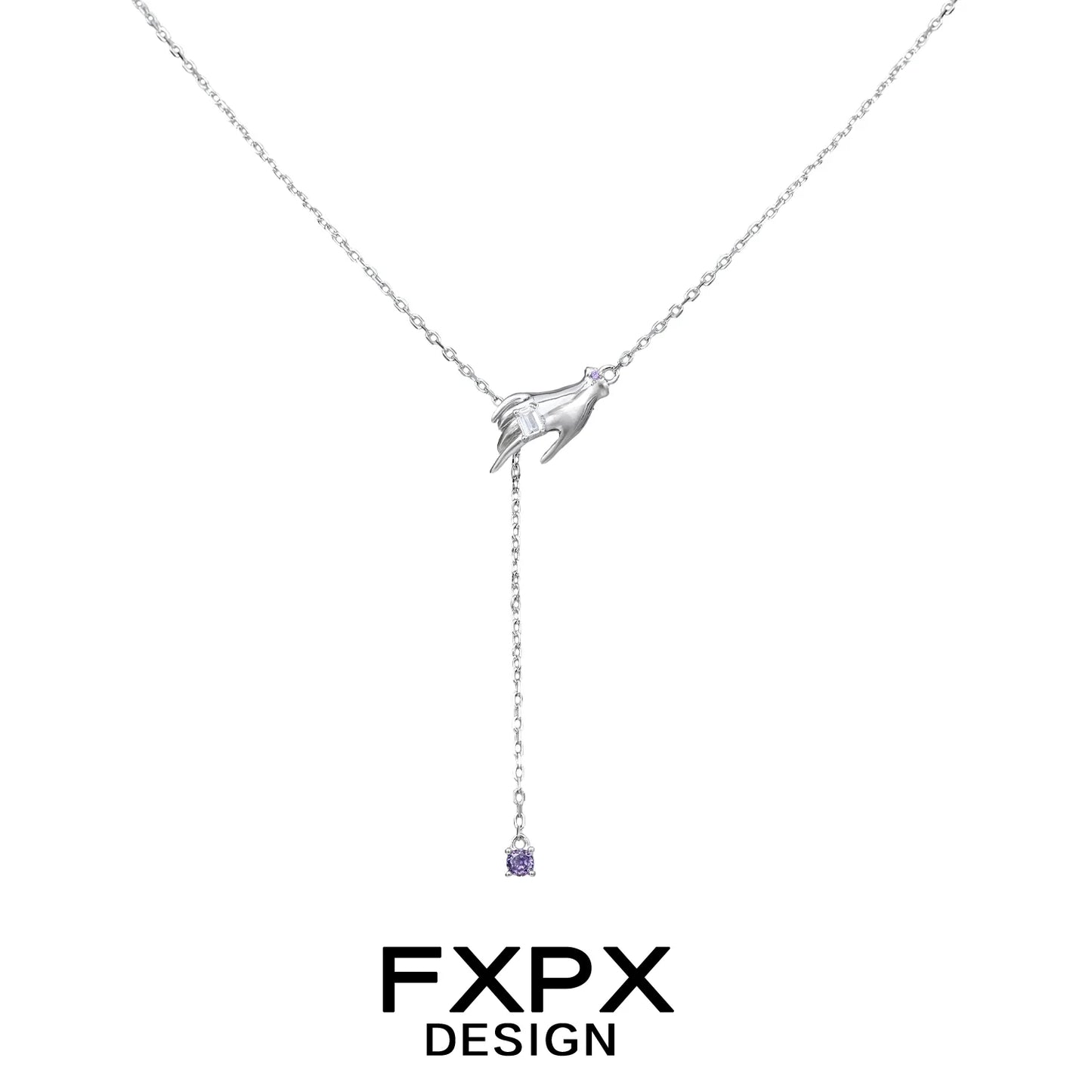Delicate FXPX angel hand amethyst necklace with a silver chain and elegant design