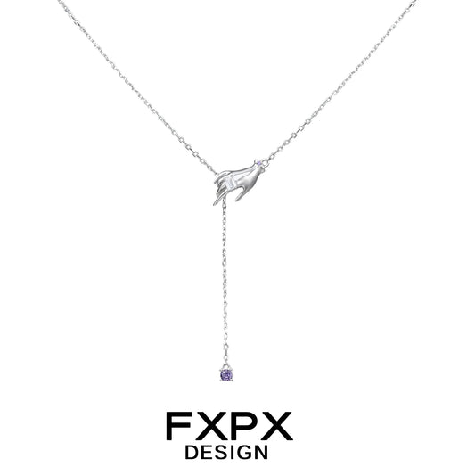 Delicate FXPX angel hand amethyst necklace with a silver chain and elegant design