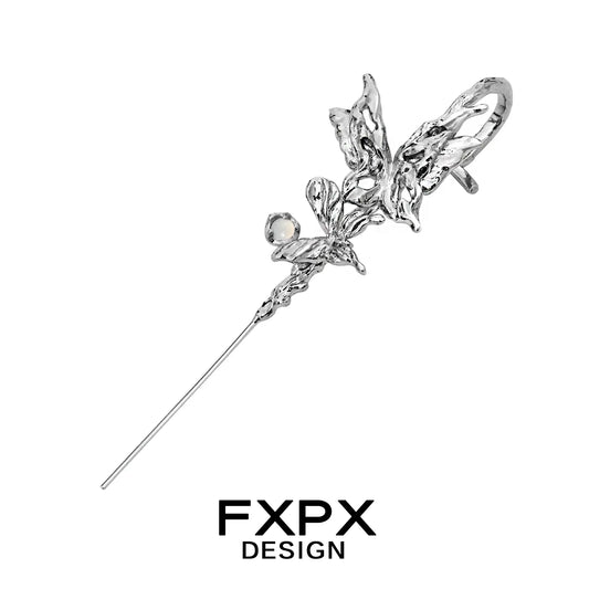 Silver butterfly design stud earring with a small white agate stone by FXPX featuring bloody doll jewelry butterfly agate earring