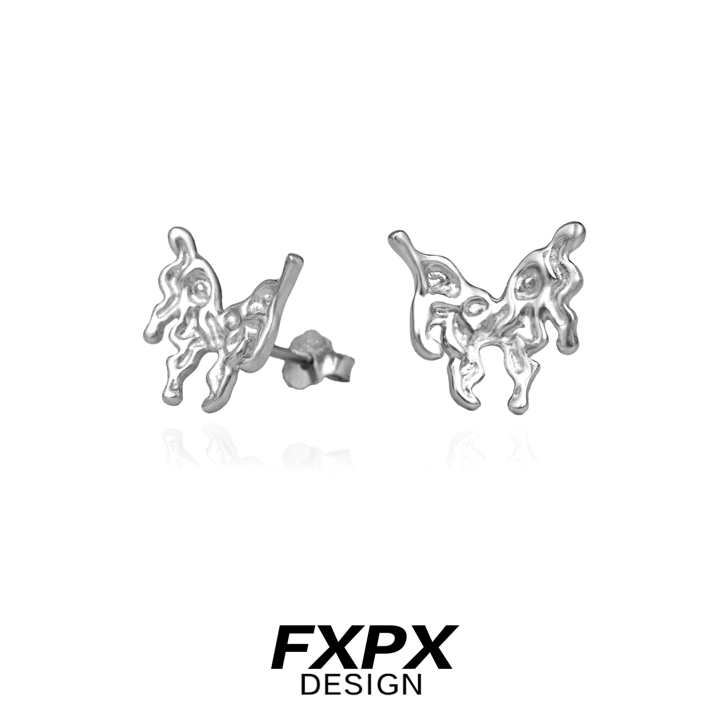Silver metallic butterfly stud earrings with unique melting design Bloody Doll Jewelry cyber butterfly earrings