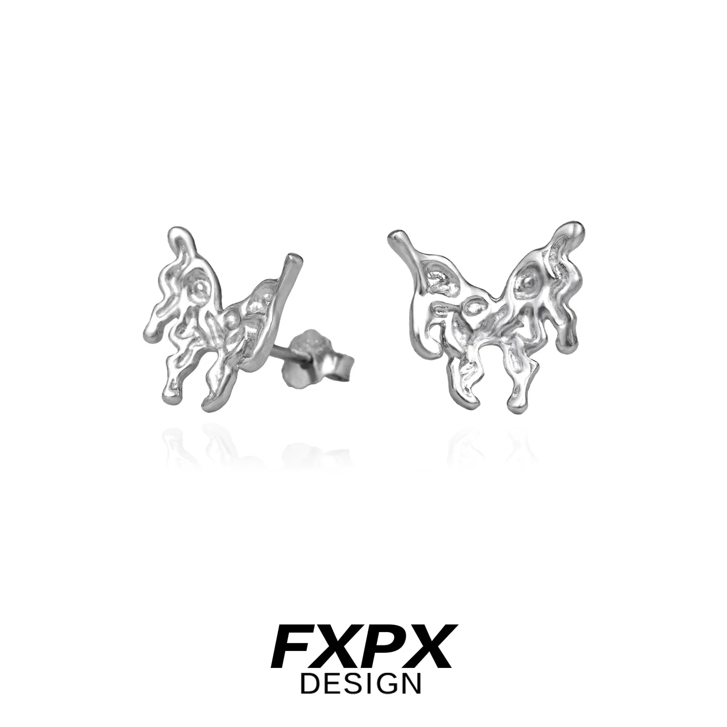 Silver metallic butterfly stud earrings with unique melting design Bloody Doll Jewelry cyber butterfly earrings