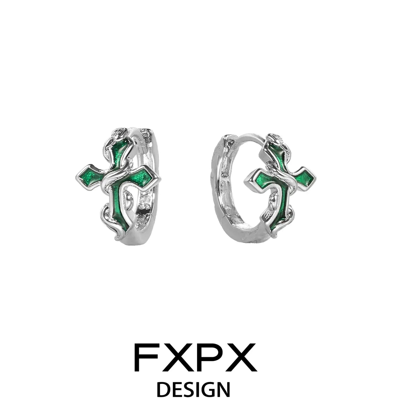 Silver hoop earrings with green enamel gothic cross and snake design bloody doll jewelry gothic cross snake earrings