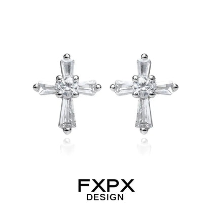 FXPX bloody doll jewelry gothic cross stud earrings with clear crystals in silver setting