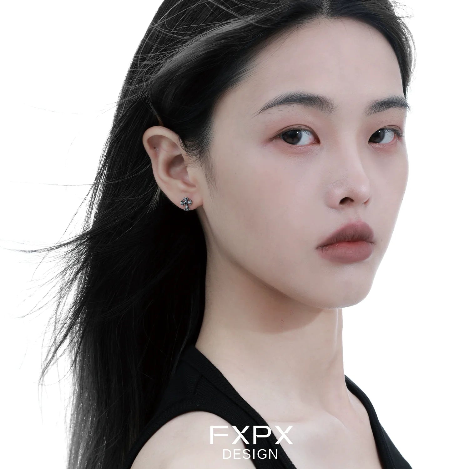 Model wearing bloody doll jewelry gothic cross stud earrings with black tank top by FXPX
