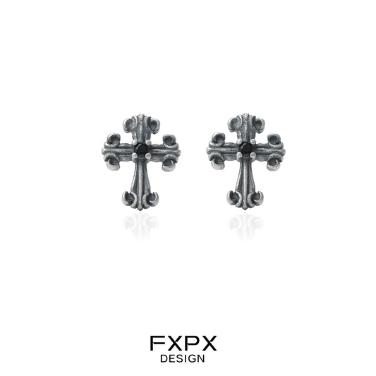FXPX bloody doll jewelry gothic cross stud earrings in antique silver finish for a bold style