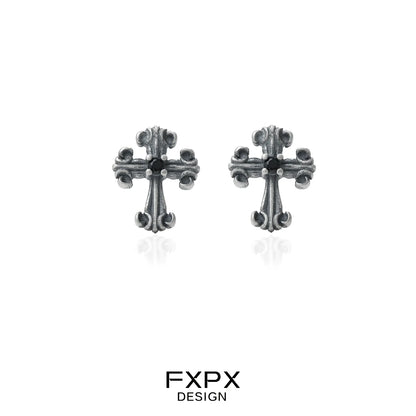 FXPX bloody doll jewelry gothic cross stud earrings in antique silver finish for a bold style