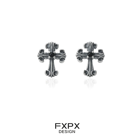 FXPX bloody doll jewelry gothic cross stud earrings in antique silver finish for a bold style
