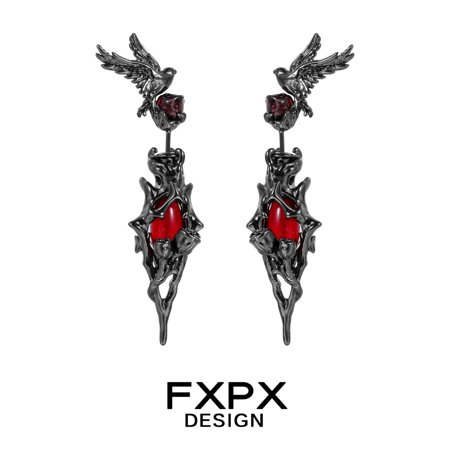 Bloody Doll Jewelry gothic raven earrings with black metal ravens and red accents by FXPX