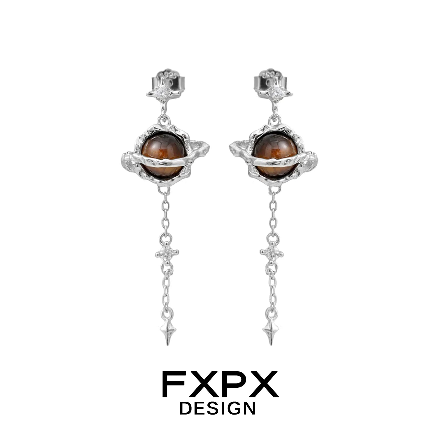 Bloody Doll Jewelry Gothic Saturn tiger eye earrings with silver planet and dangling chain design by FXPX