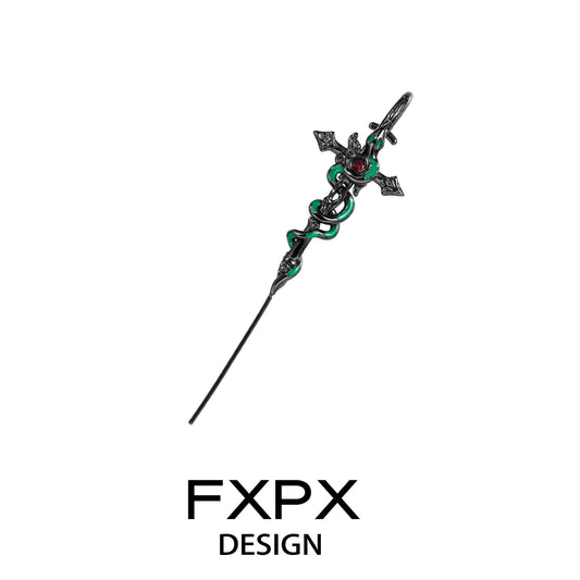 Bloody doll jewelry gothic snake pierced earrings with black metal and red gem design by FXPX