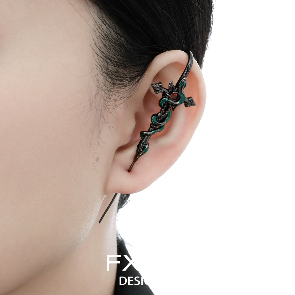 Bloody doll jewelry gothic snake pierced earrings worn on ear with black and red ornate design