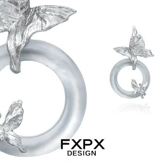 FXPX bloody doll jewelry modern butterfly hoop earrings with translucent circular hoops and silver butterfly accents