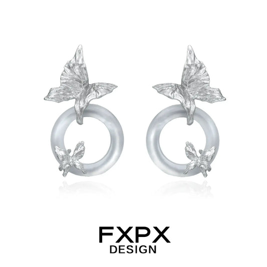 FXPX Design bloody doll jewelry modern butterfly hoop earrings with silver butterflies and translucent hoops