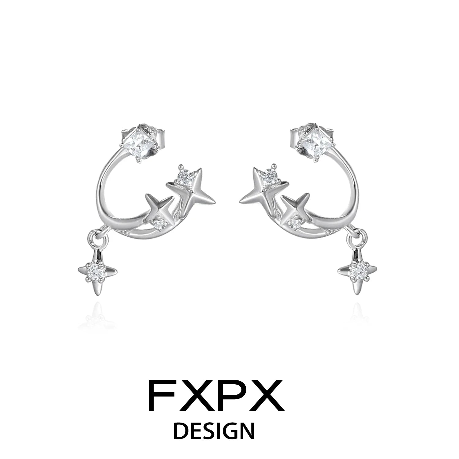 FXPX bloody doll jewelry silver star constellation stud earrings in polished silver with small dangling stars