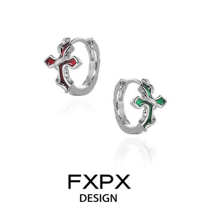 Silver hoop earrings with red and green snake wrapped crosses bloody doll jewelry Y2K snake cross earrings