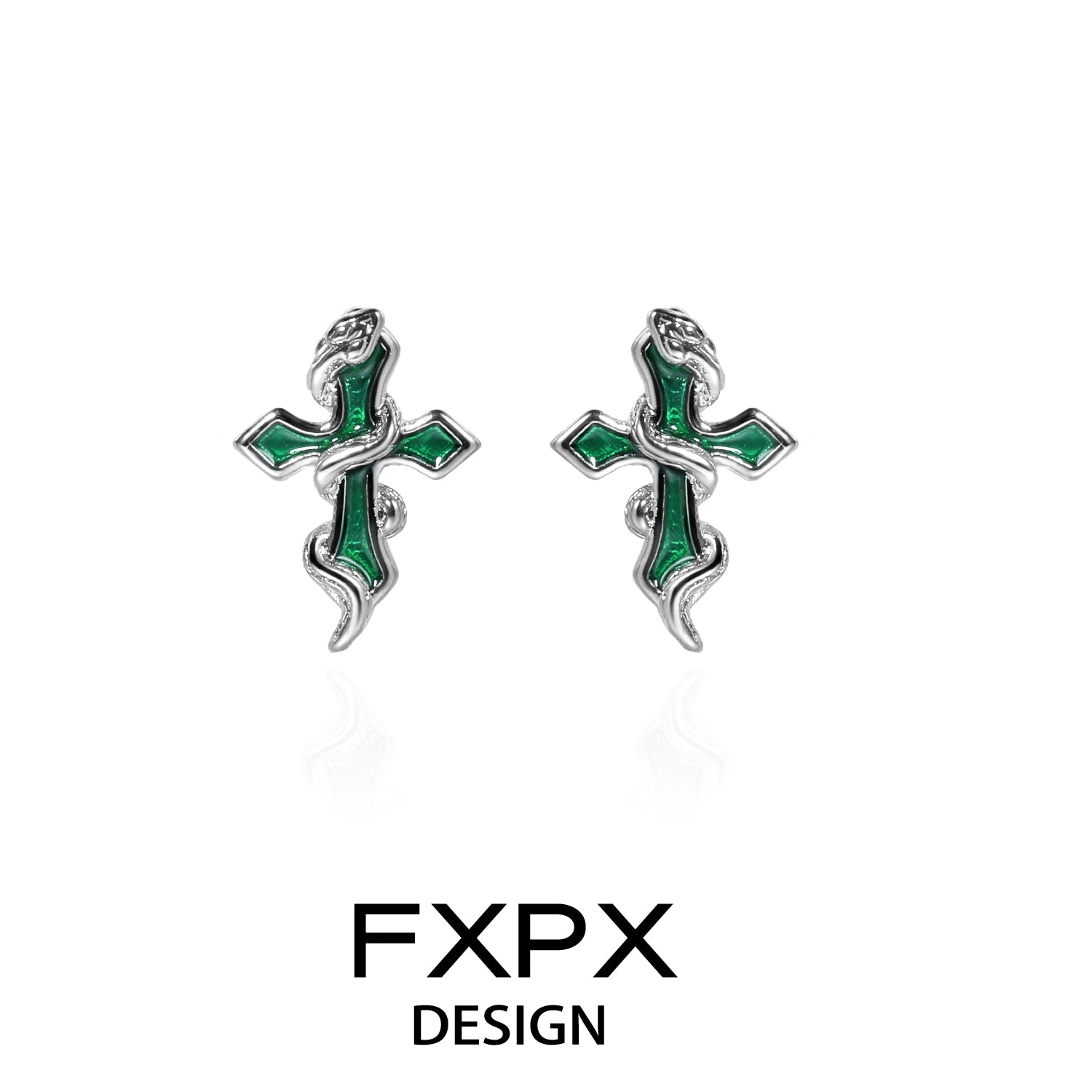 FXPX bloody doll jewelry Y2K snake cross earrings in silver with green enamel details