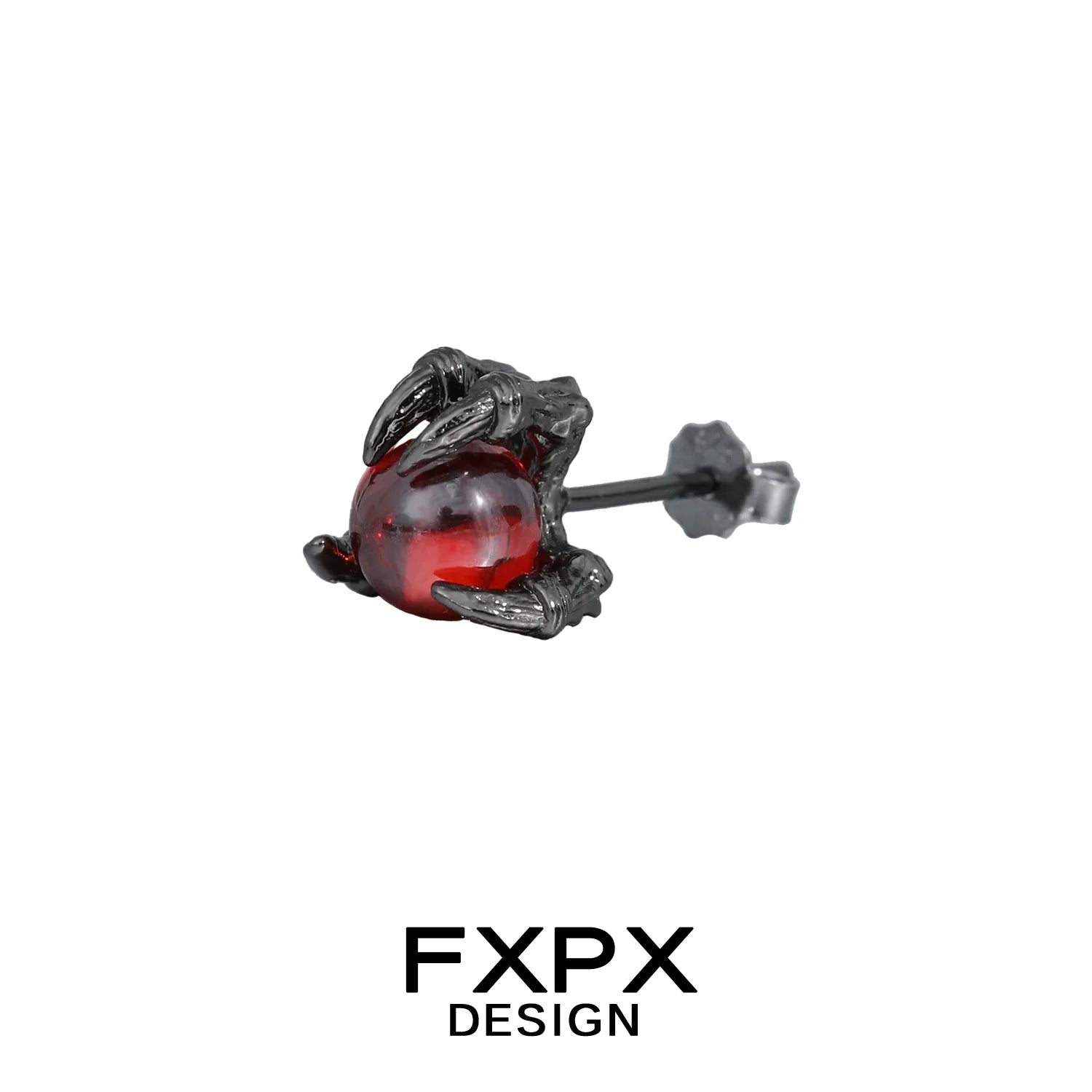 FXPX bloody dragon claw gothic earrings featuring black metal claw holding a red orb stud