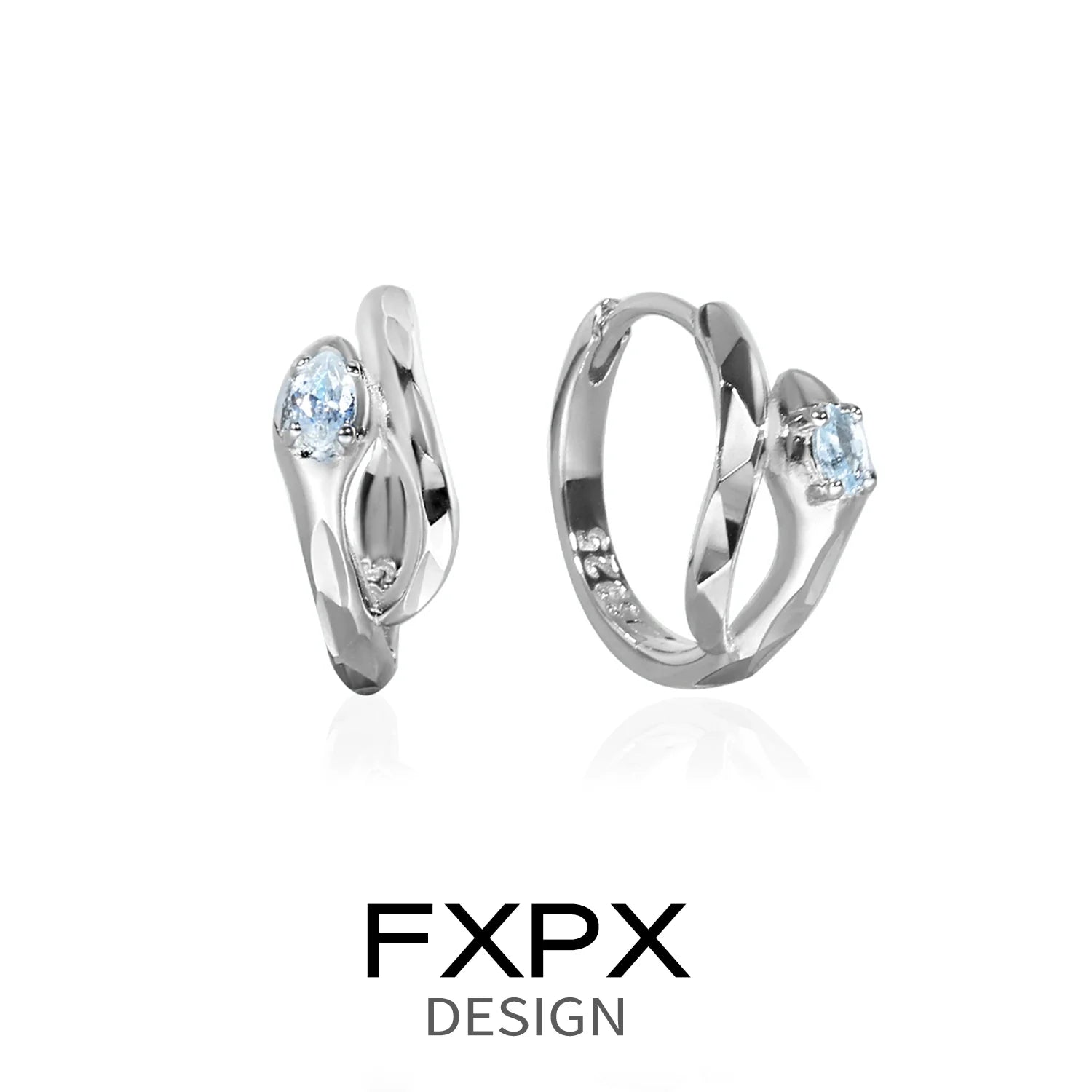 Elegant FXPX blue and white serpentine zircon earrings in a modern twist design