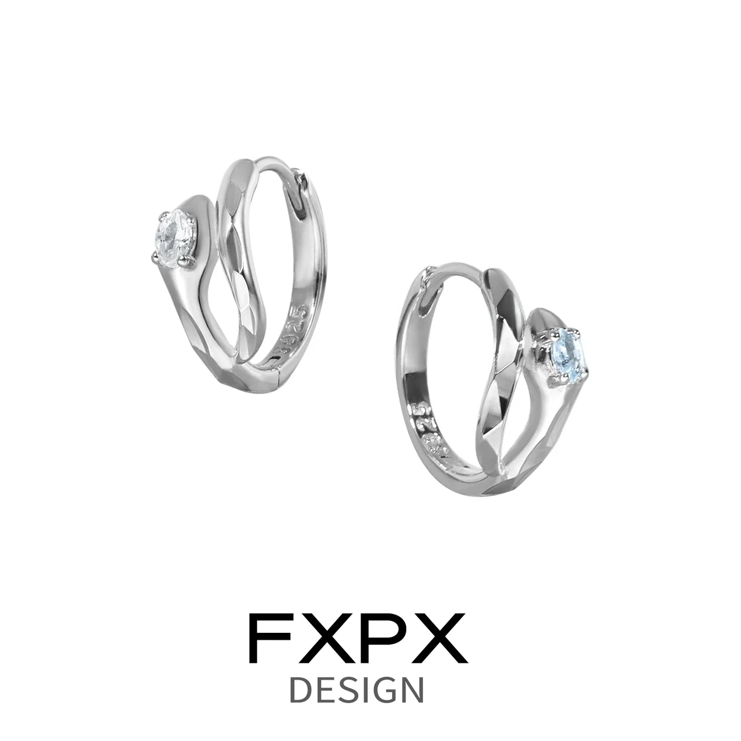 Elegant FXPX blue and white serpentine zircon earrings in a modern twist design