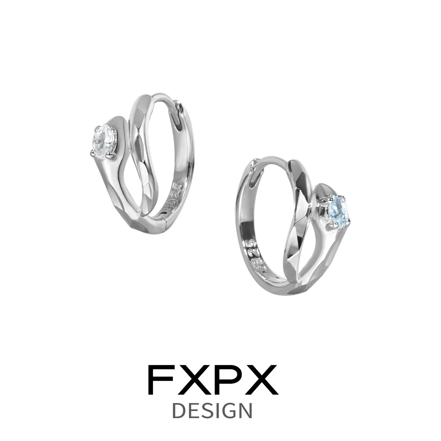 Elegant FXPX blue and white serpentine zircon earrings in a modern twist design