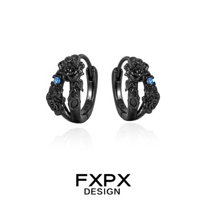 FXPX blue black rose stud earrings featuring intricate floral details and sparkling blue accents
