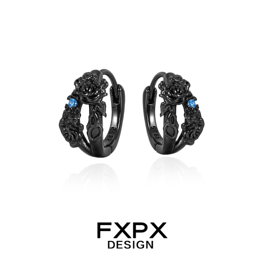 FXPX blue black rose stud earrings featuring intricate floral details and sparkling blue accents