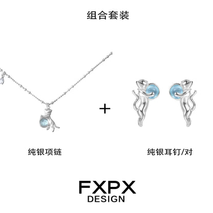 FXPX Blue Cat Earrings with Silver Detailing for Cat Lovers and Fashion Enthusiasts