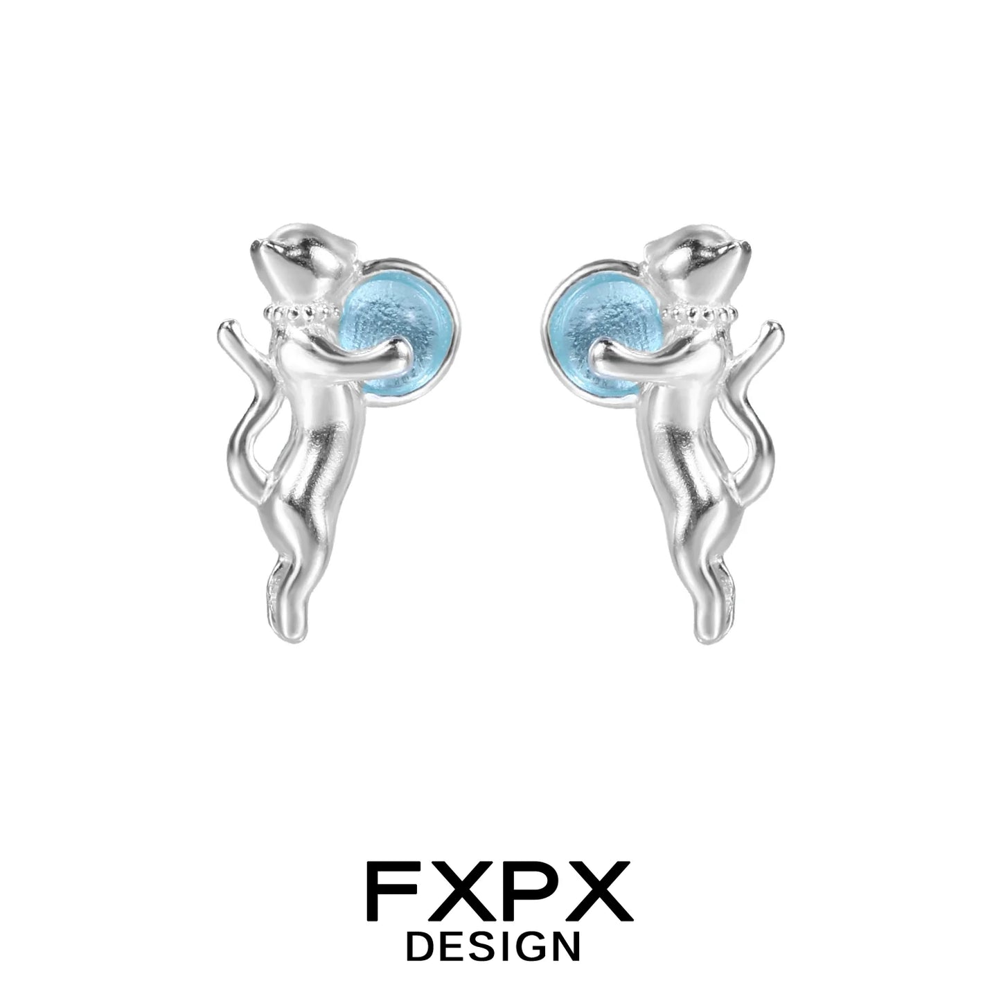 FXPX silver blue cat earrings with blue accents for a playful and stylish look