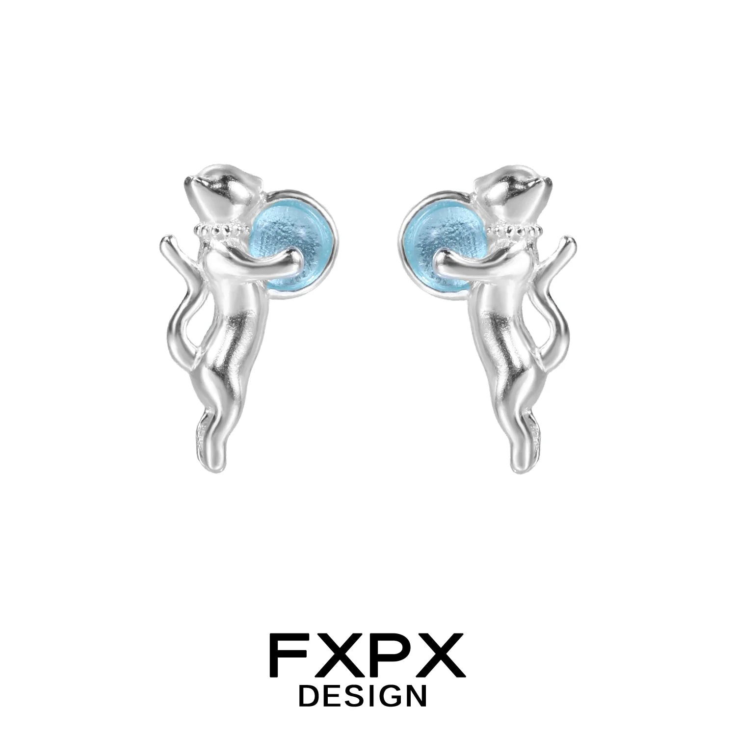 FXPX silver blue cat earrings with blue accents for a playful and stylish look