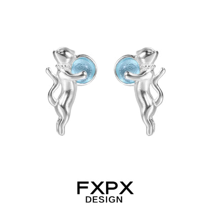 FXPX silver blue cat earrings with blue accents for a playful and stylish look