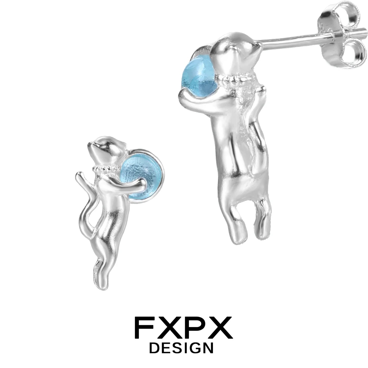 FXPX silver blue cat earrings with playful cat design and blue bead accent