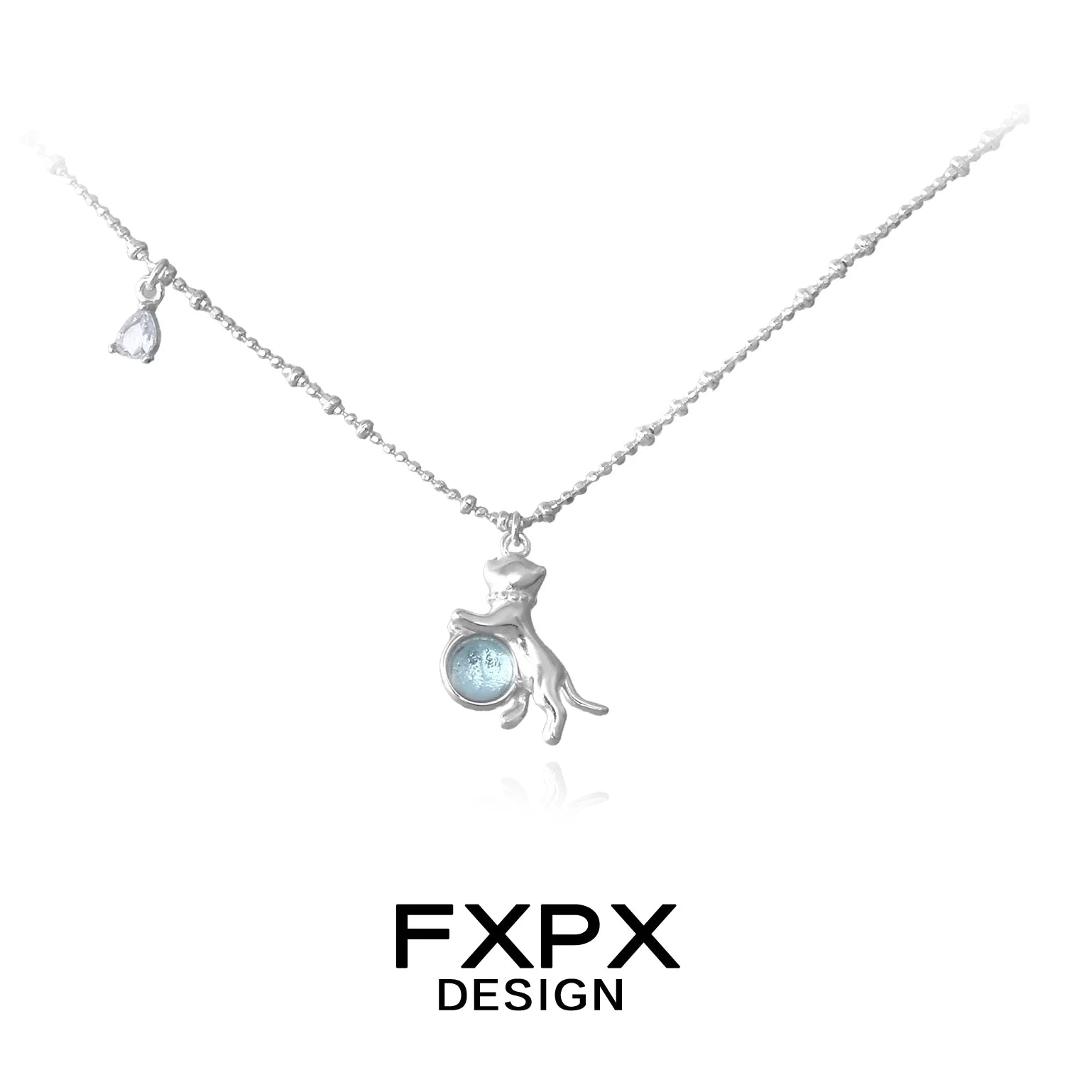 Silver FXPX blue cat pendant necklace with a blue gemstone and teardrop charm
