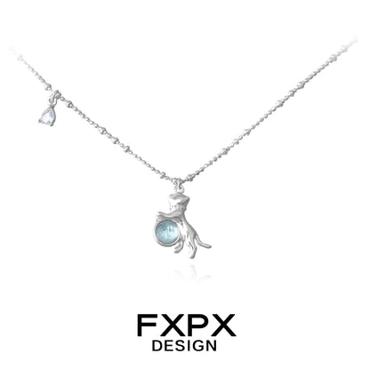 FXPX blue cat pendant necklace with shimmering blue jewel for cat lovers