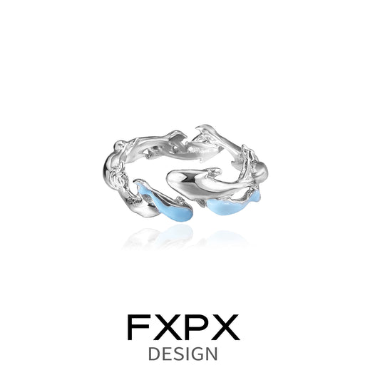 Stylish blue fish wave ring by FXPX featuring intricate wave and fish designs